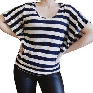 Charlotte Russe Womens Top Medium Navy Beige Stripe Sailor Floral Lace Back